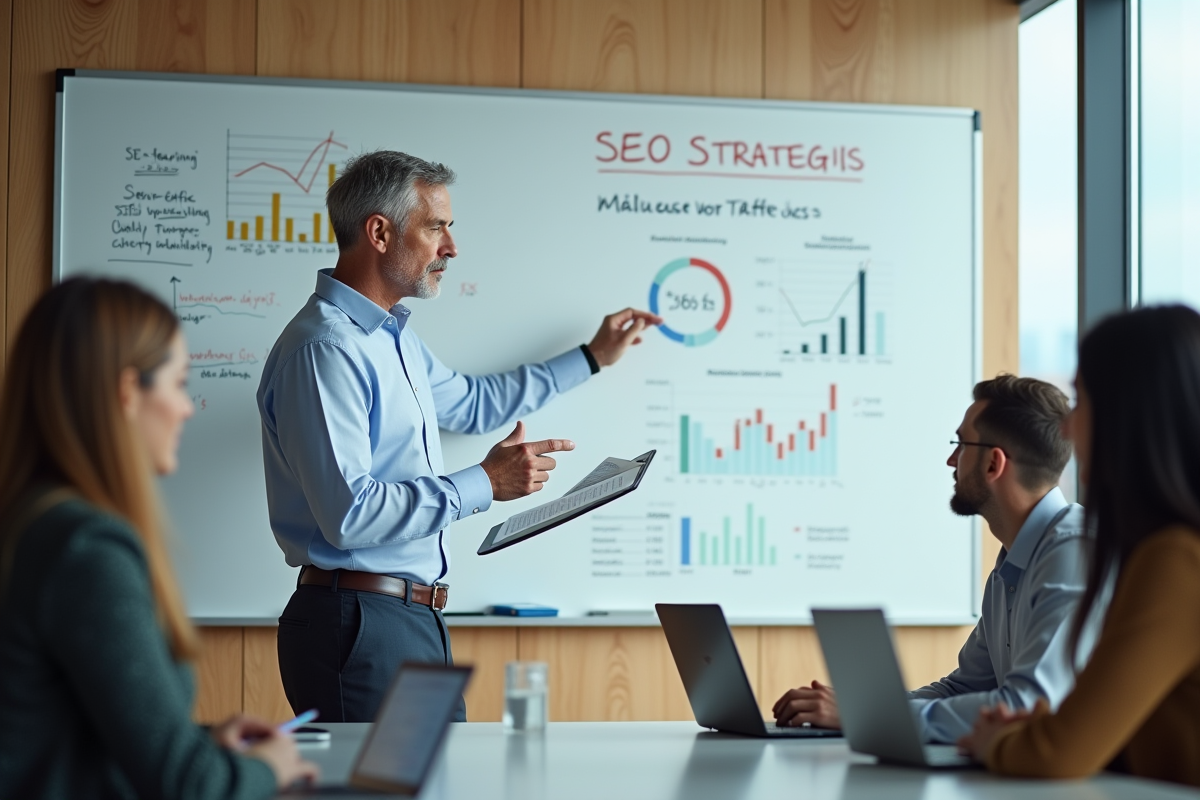Homme expliquant des tendances SEO devant un tableau blanc