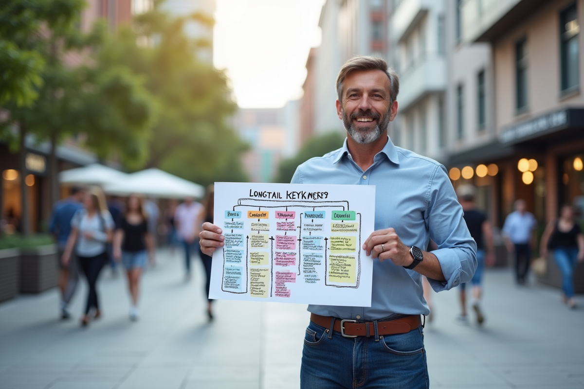 Homme présentant une stratégie de mots-clés longs en extérieur