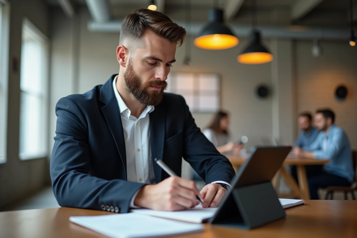 Homme professionnel prenant des notes sur une stratégie de contenu inspirée d'un blog dans un espace de coworking contemporain