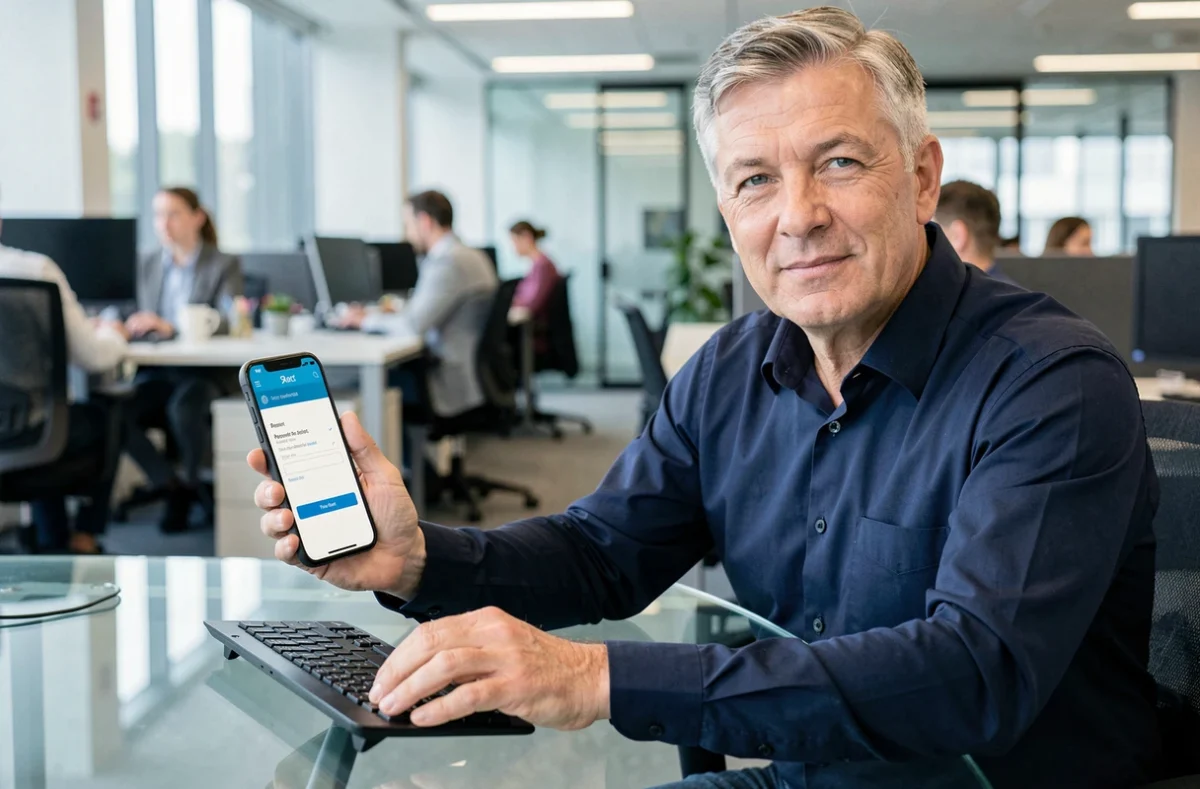 Homme au bureau consultant un formulaire de réinitialisation de mot de passe sur son smartphone