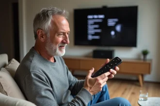 Homme tenant une télécommande Free et consultant les paramètres sur une télévision dans un salon moderne