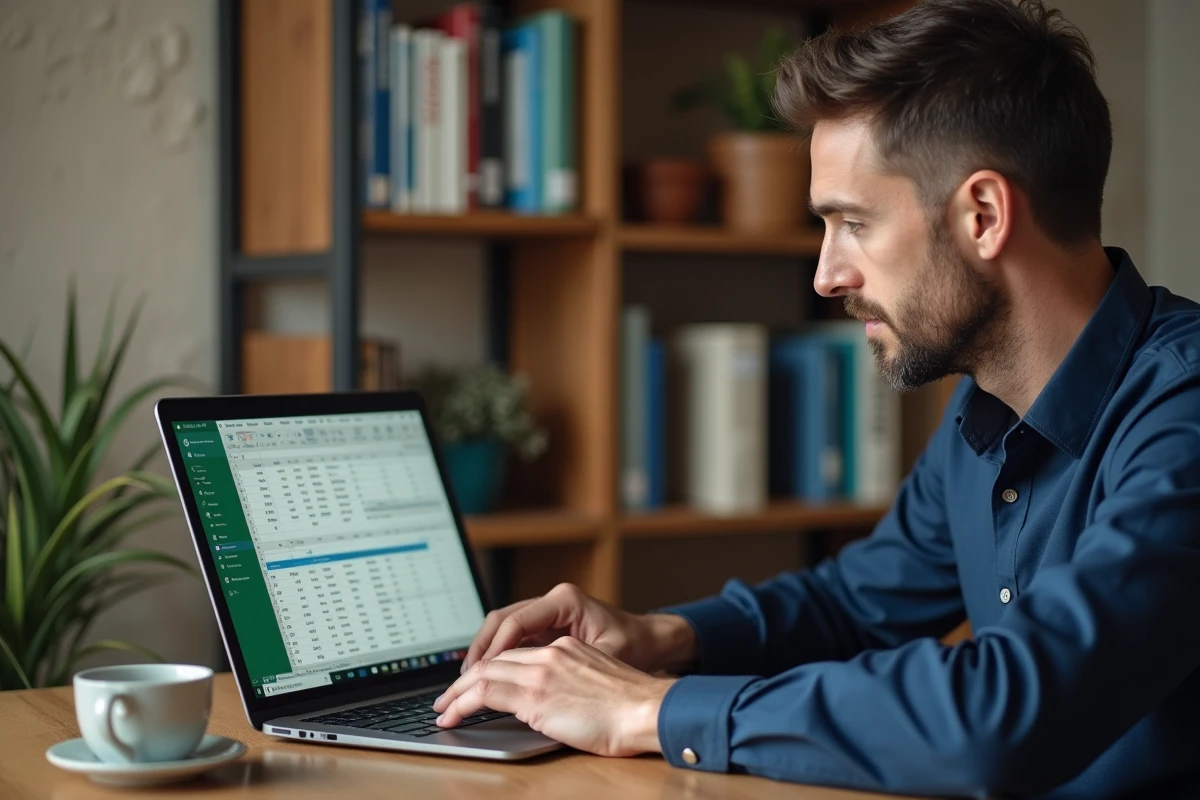 Homme en télétravail utilisant Excel pour figer des volets via le menu Affichage sur son ordinateur portable