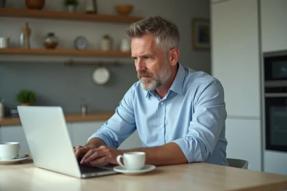 Homme d'âge moyen travaillant sur son ordinateur dans la cuisine