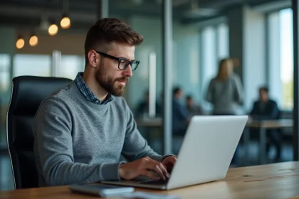 Homme d'affaires travaillant sur son ordinateur en bureau moderne