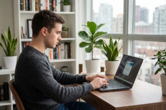 Jeune homme concentré utilisant un VPN dans un bureau moderne