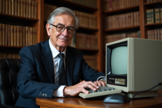 Homme âgé avec ordinateur vintage des années 50