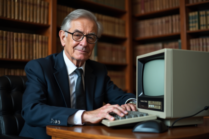 Homme âgé avec ordinateur vintage des années 50