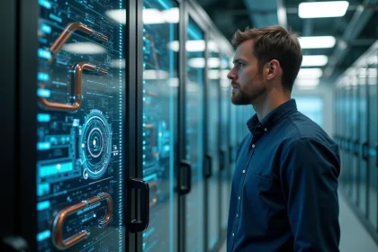 Ingénieur devant un ordinateur quantique dans un laboratoire de recherche technologique moderne