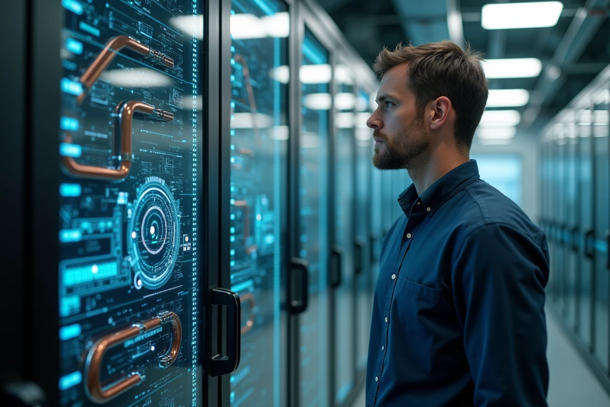 Ingénieur devant un ordinateur quantique dans un laboratoire de recherche technologique moderne