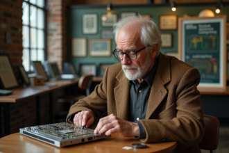 Ingénieur âgé examinant un processeur vintage des années 1970