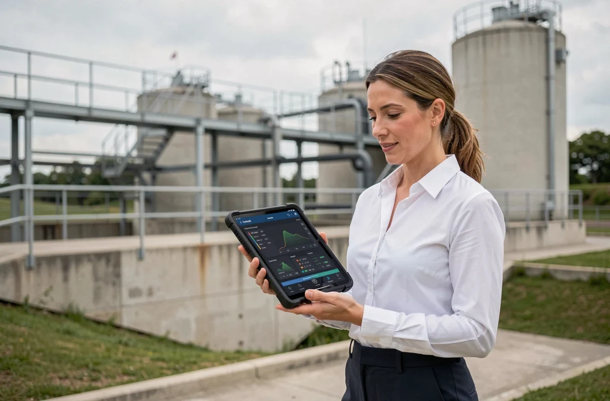 Ingénieure utilisant une application mobile de télégestion sur tablette devant une installation industrielle de traitement de l'eau