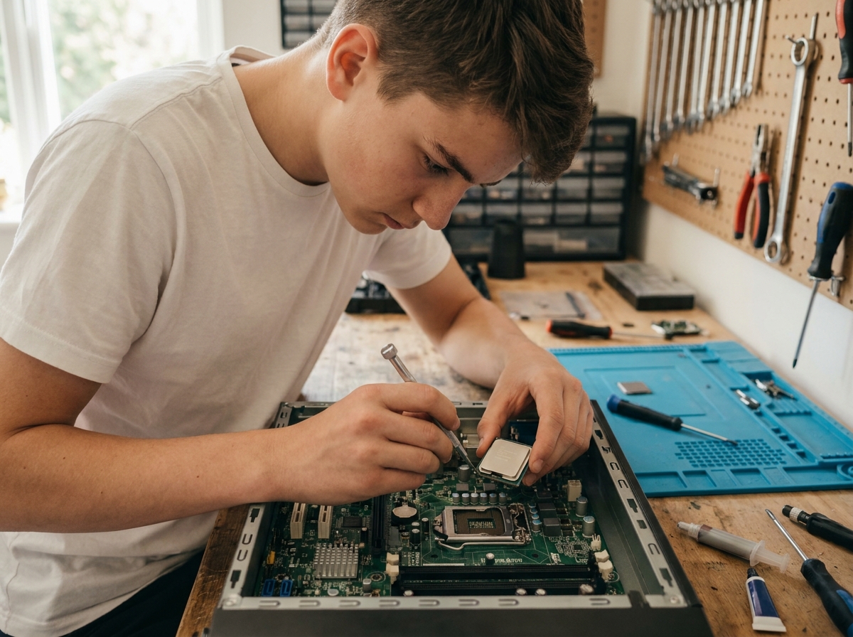 Adolescent installant un processeur gaming sur une carte mère dans un atelier de montage PC