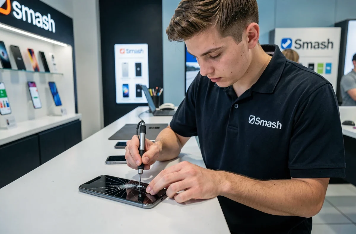 Technicien iSmash remplaçant rapidement un écran cassé de smartphone dans la boutique à Marseille