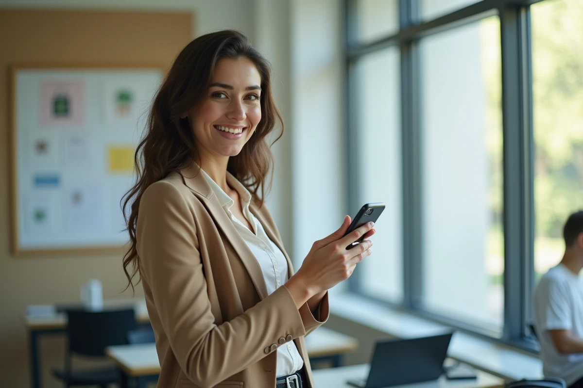 Jeune enseignante avec smartphone dans salle de repos