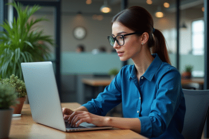 Jeune femme en blouse bleue analysant un design web