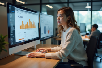 Jeune femme analysant des statistiques web sur un écran