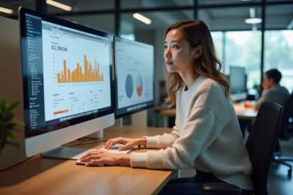 Jeune femme analysant des statistiques web sur un écran
