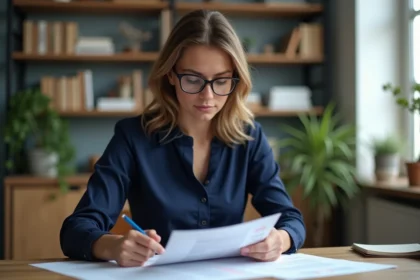 Jeune femme en blouse navy lit un document au bureau