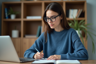 Jeune femme au bureau travaillant sur son ordinateur portable
