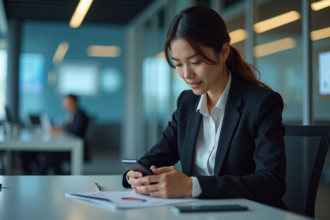 Jeune femme professionnelle utilisant son smartphone au bureau