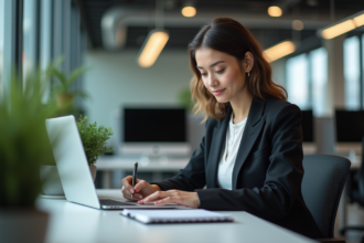 Jeune femme professionnelle concentrée au bureau avec ordinateur