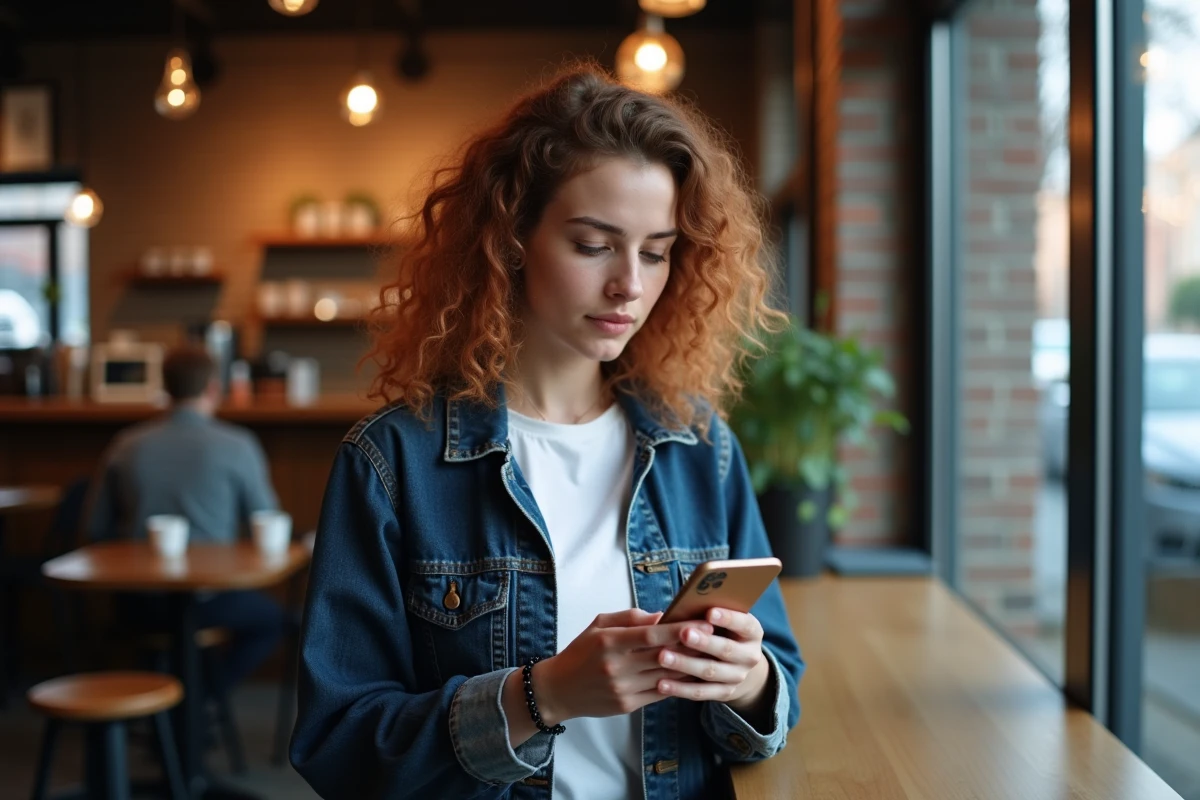 Jeune femme dans un café vérifiant les options de récupération de SMS sur iPhone après réinitialisation