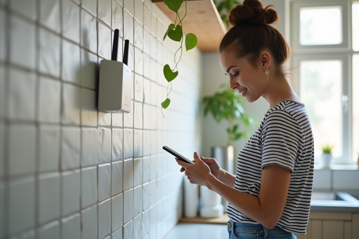 Jeune femme vérifiant ses paramètres WiFi dans la cuisine
