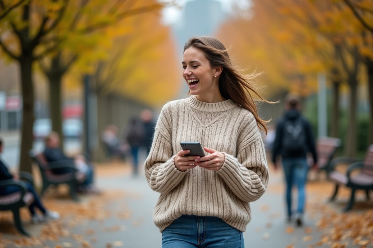 Jeune femme discutant au téléphone dans un parc urbain