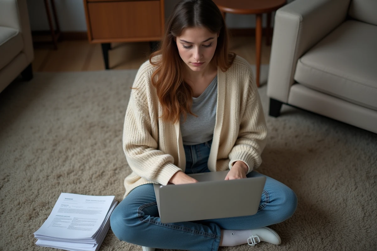 Jeune femme utilisant un ordinateur portable dans le salon