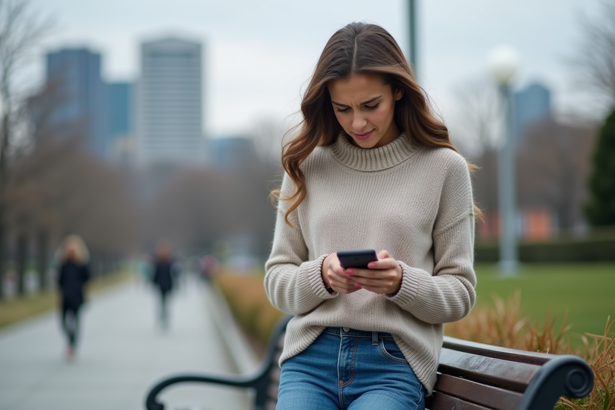 Jeune femme utilisant son smartphone sur un banc de parc