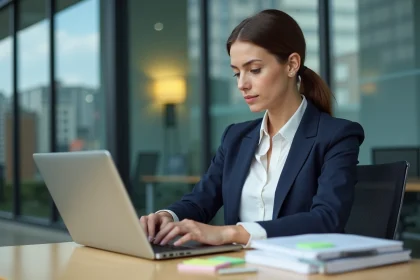 Jeune femme professionnelle analysant son ordinateur dans un bureau moderne