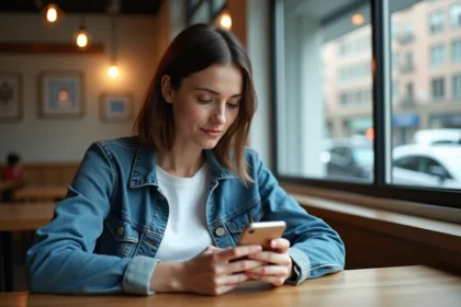 Jeune femme en café avec smartphone et expression réfléchie