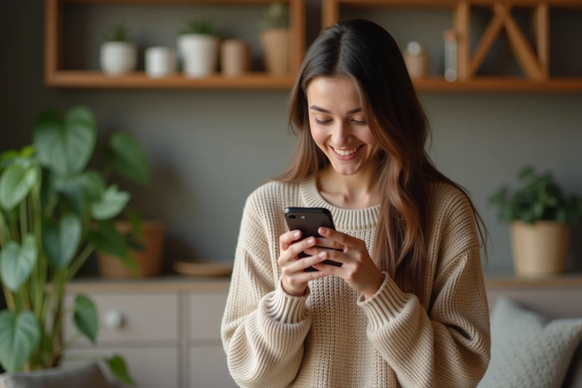 Jeune femme examinant un smartphone reconditionné dans un appartement moderne et chaleureux