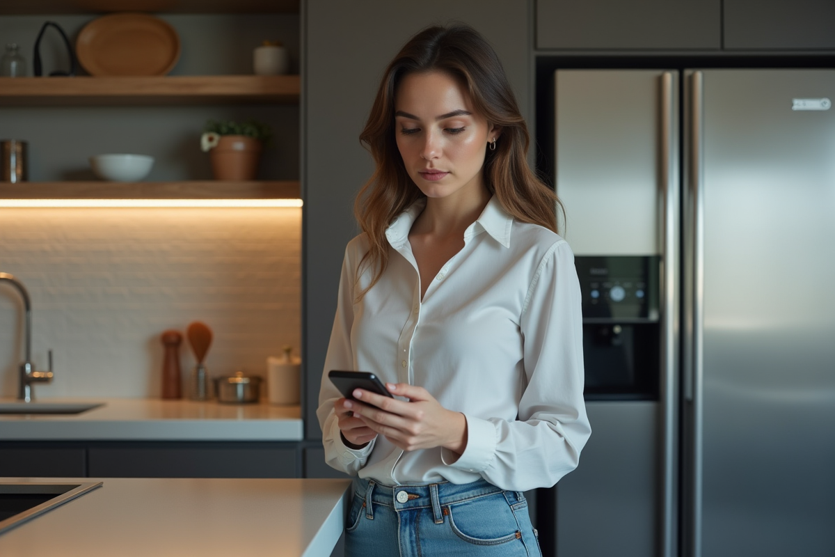 Jeune femme vérifie son mot de passe WiFi dans la cuisine