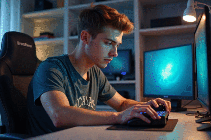 Jeune homme testant un pad de gaming dans son bureau
