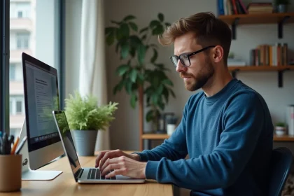 Jeune homme concentré devant un ordinateur à la maison