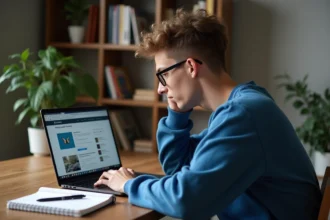 Jeune homme en sweatshirt bleu travaillant sur son ordinateur dans un bureau cosy