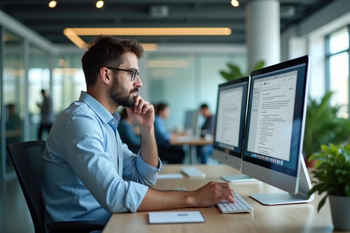 Jeune homme au bureau comparant ses emails sur grand écran