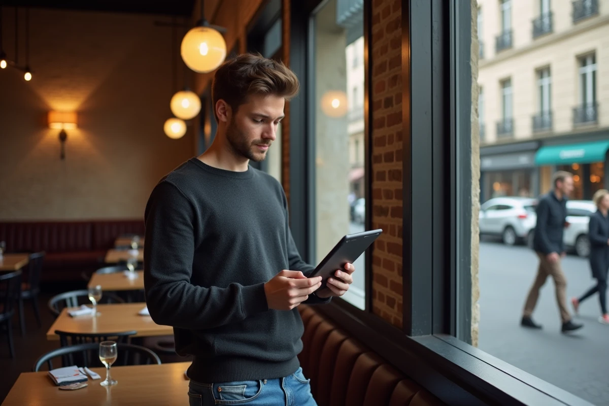 Jeune homme dans un café de Bordeaux vérifiant sa tablette