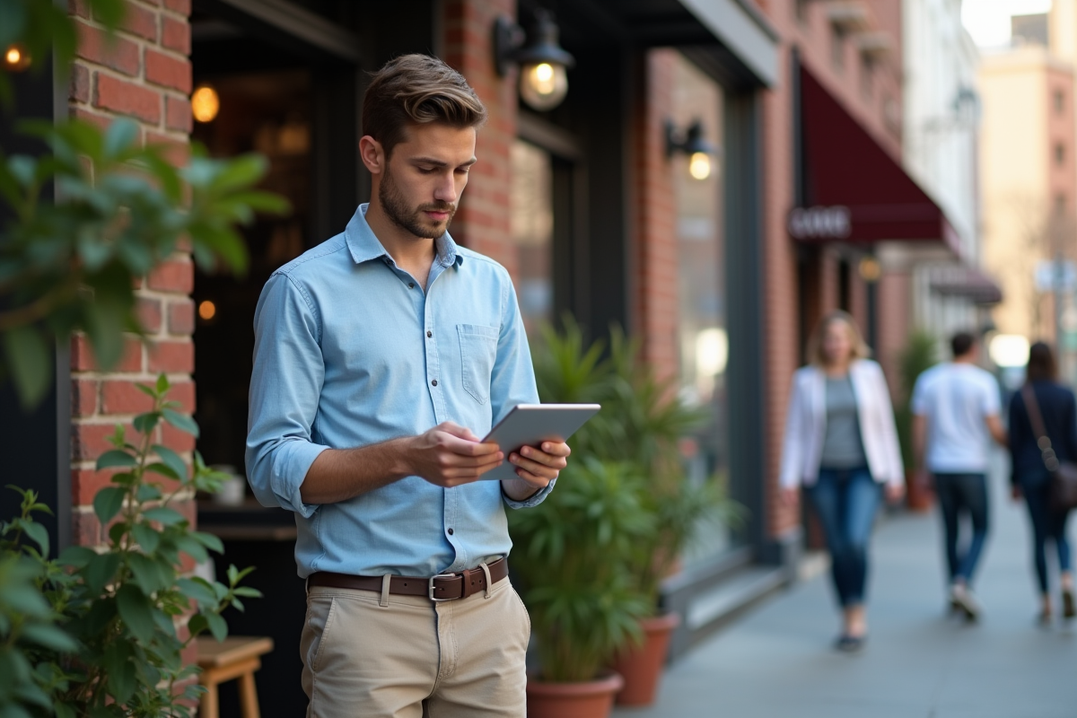 Jeune homme discutant avec un collègue dehors