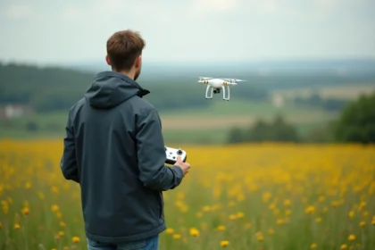 Jeune homme avec drone dans la campagne française