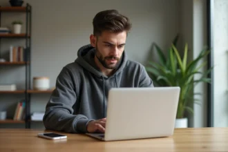 Jeune homme en hoodie travaillant sur son ordinateur à domicile