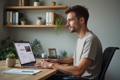 Jeune homme au bureau avec tableau de bord YouTube