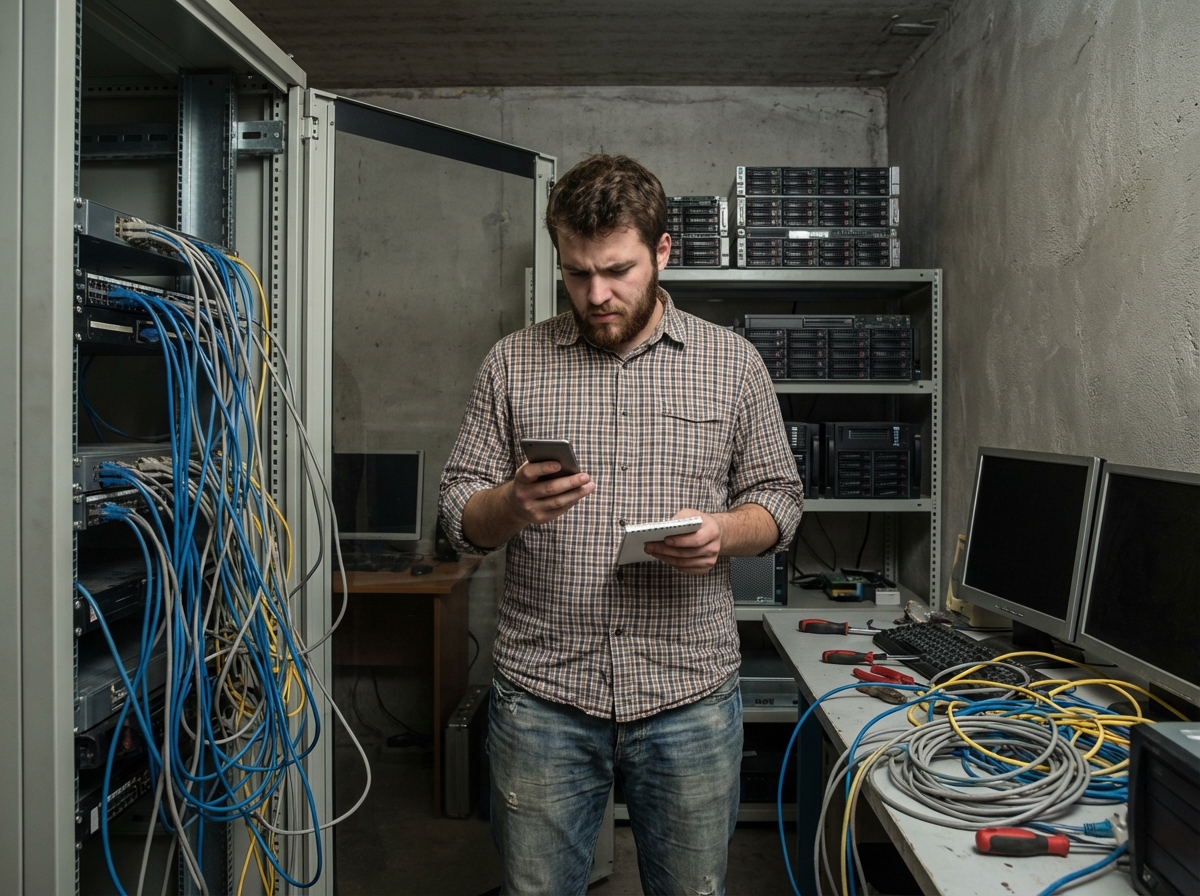 Jeune homme stressé dans une salle serveurs avec câbles et ordinateurs