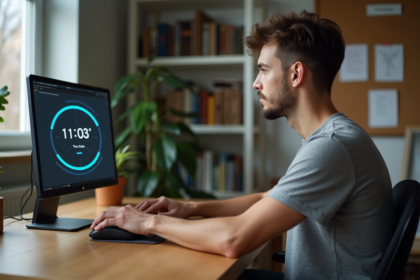Jeune homme concentré sur son ordinateur dans un bureau moderne