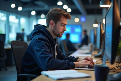 Jeune homme concentré travaillant sur un ordinateur dans un bureau moderne