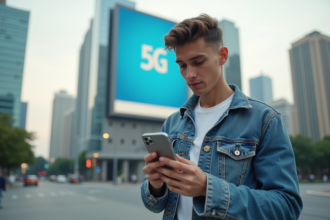 Jeune homme en ville examine un iPhone 11 avec une ambiance urbaine