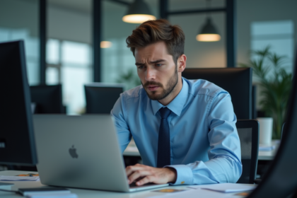 Jeune homme inquiet examinant des logs d'erreur sur son ordinateur