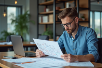 Jeune homme en bureau analysant une carte mentale SEO