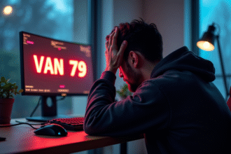 Gamer frustré devant un écran Valorant avec erreur Van 79